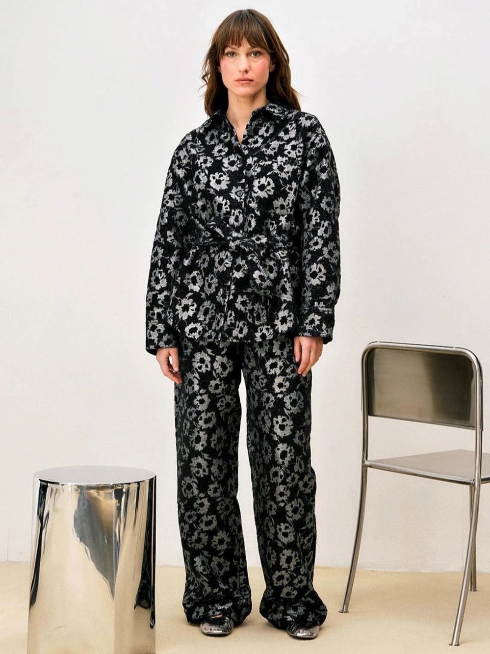 FRNCH NWT Jacquard Floral Giuni Russo Black Silver Jacket Trousers Set, S